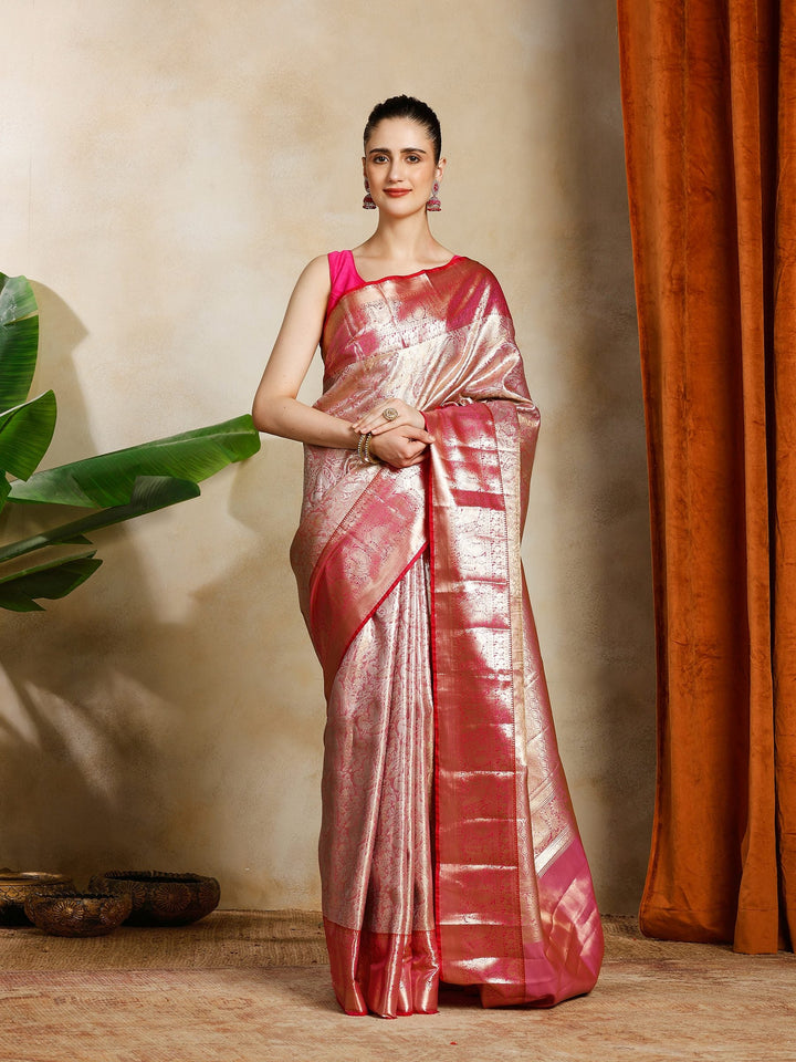 Peach Kalamkari Woven Design Art Silk Saree
