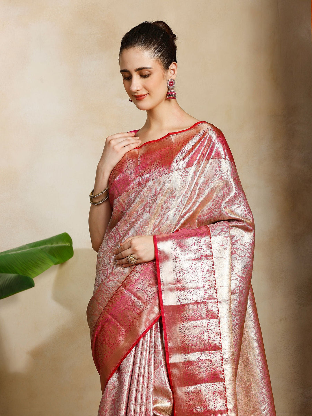 Peach Kalamkari Woven Design Art Silk Saree