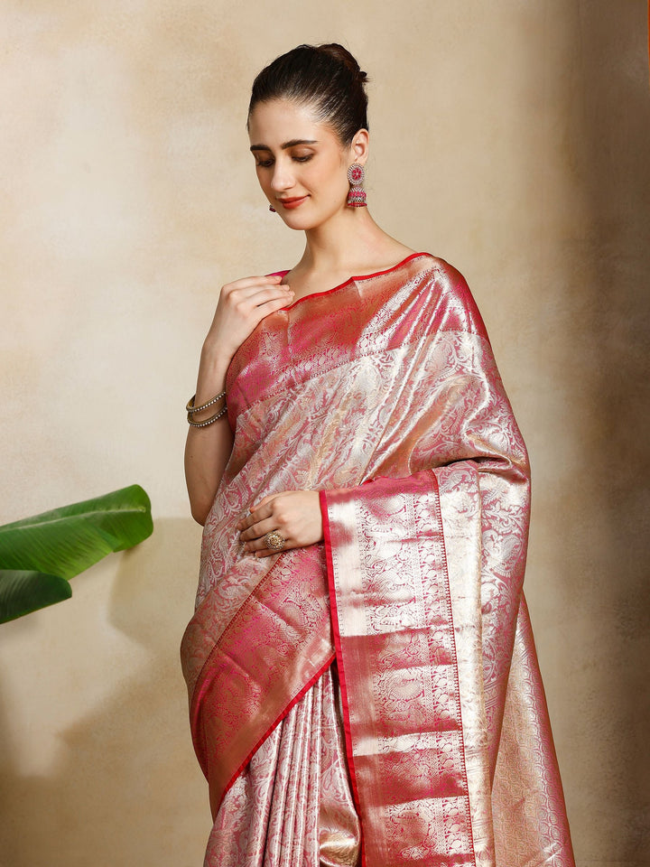 Peach Kalamkari Woven Design Art Silk Saree