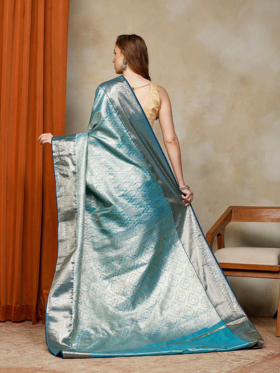Lake Blue Kalamkari Woven Design Art Silk Saree