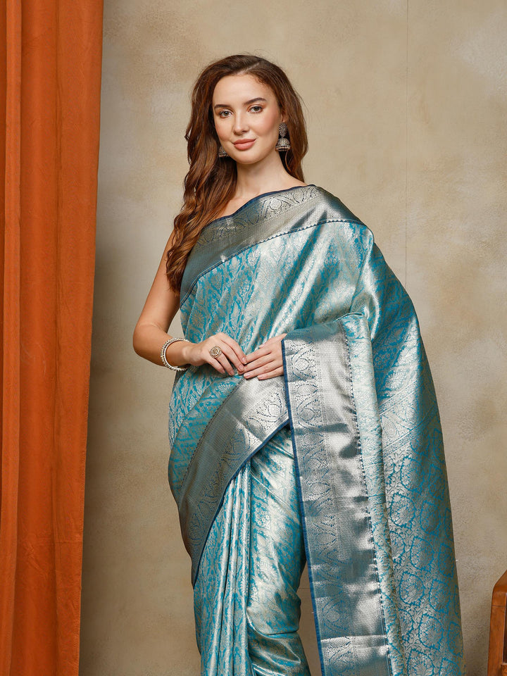 Lake Blue Kalamkari Woven Design Art Silk Saree