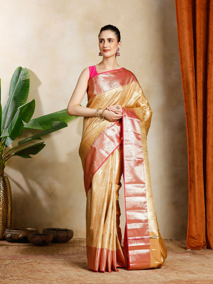 Peach Kalamkari Woven Design Art Silk Saree