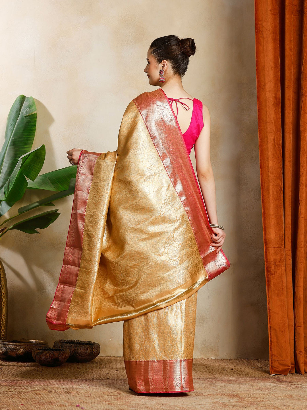 Peach Kalamkari Woven Design Art Silk Saree