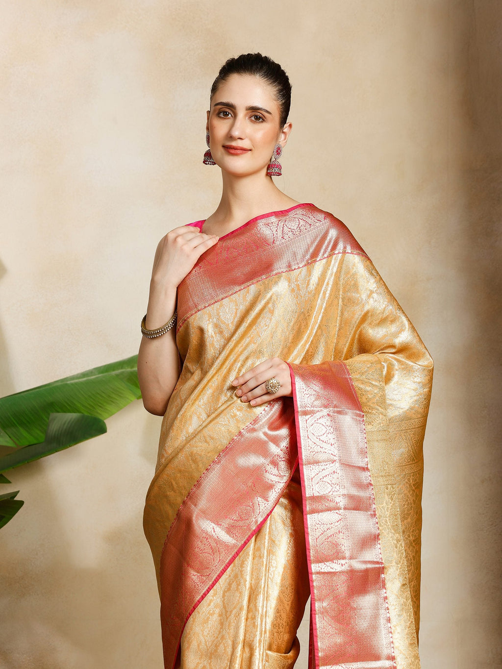 Peach Kalamkari Woven Design Art Silk Saree