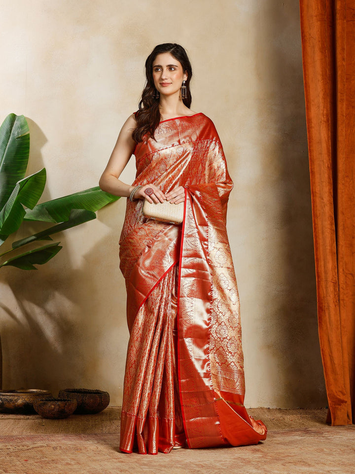 Red Kalamkari Woven Design Art Silk Saree