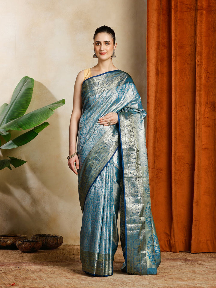 Teal Blue Kalamkari Woven Design Art Silk Saree