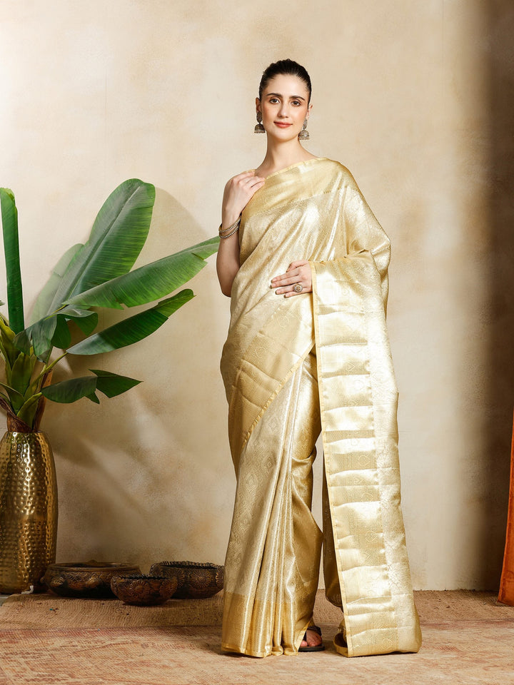 Golden Beige Kalamkari Woven Design Art Silk Saree