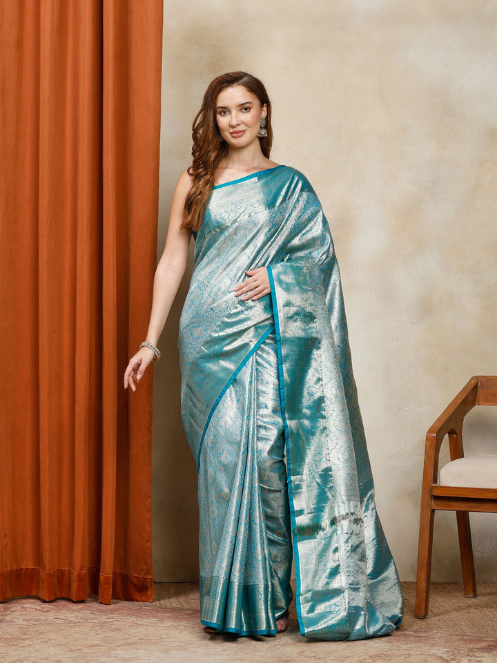 Lake Blue Kalamkari Woven Design Art Silk Saree
