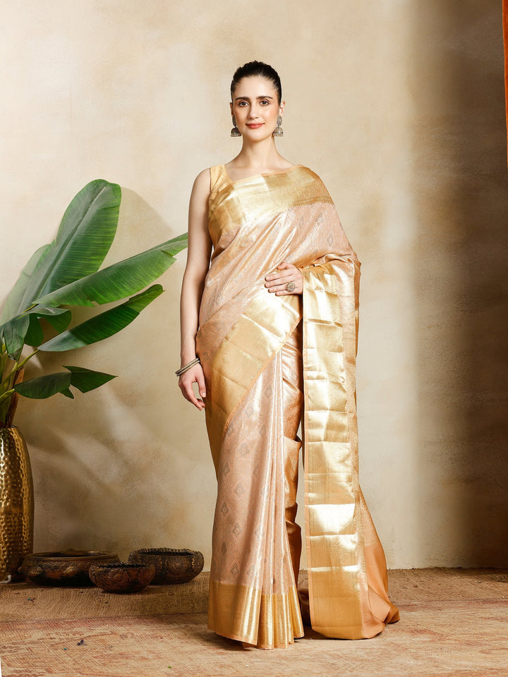 Peach Kalamkari Woven Design Art Silk Saree