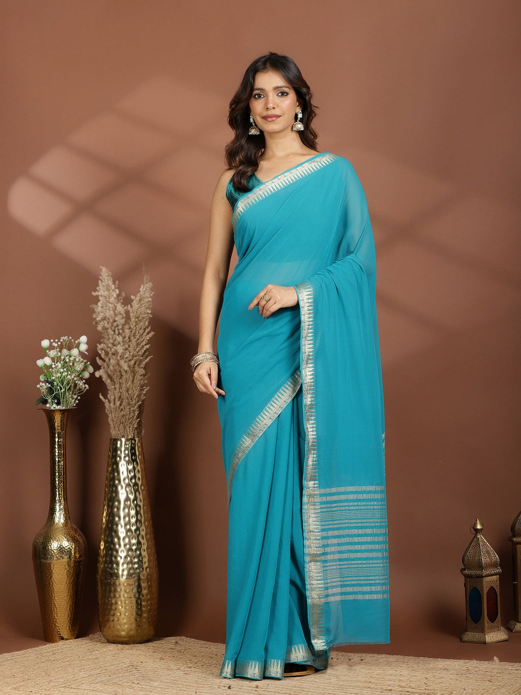 Firozee Zari Work Chiffon Saree