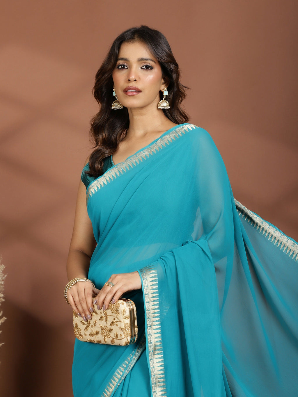 Firozee Zari Work Chiffon Saree