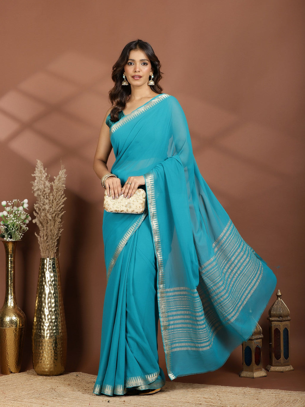 Firozee Zari Work Chiffon Saree