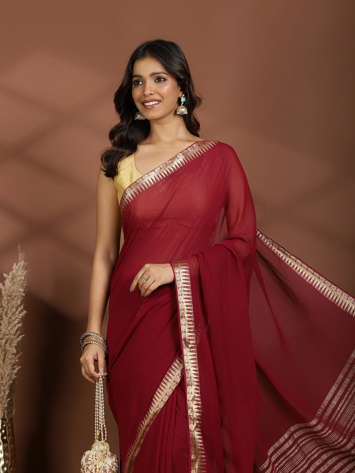 Magenta Zari Work Chiffon Saree