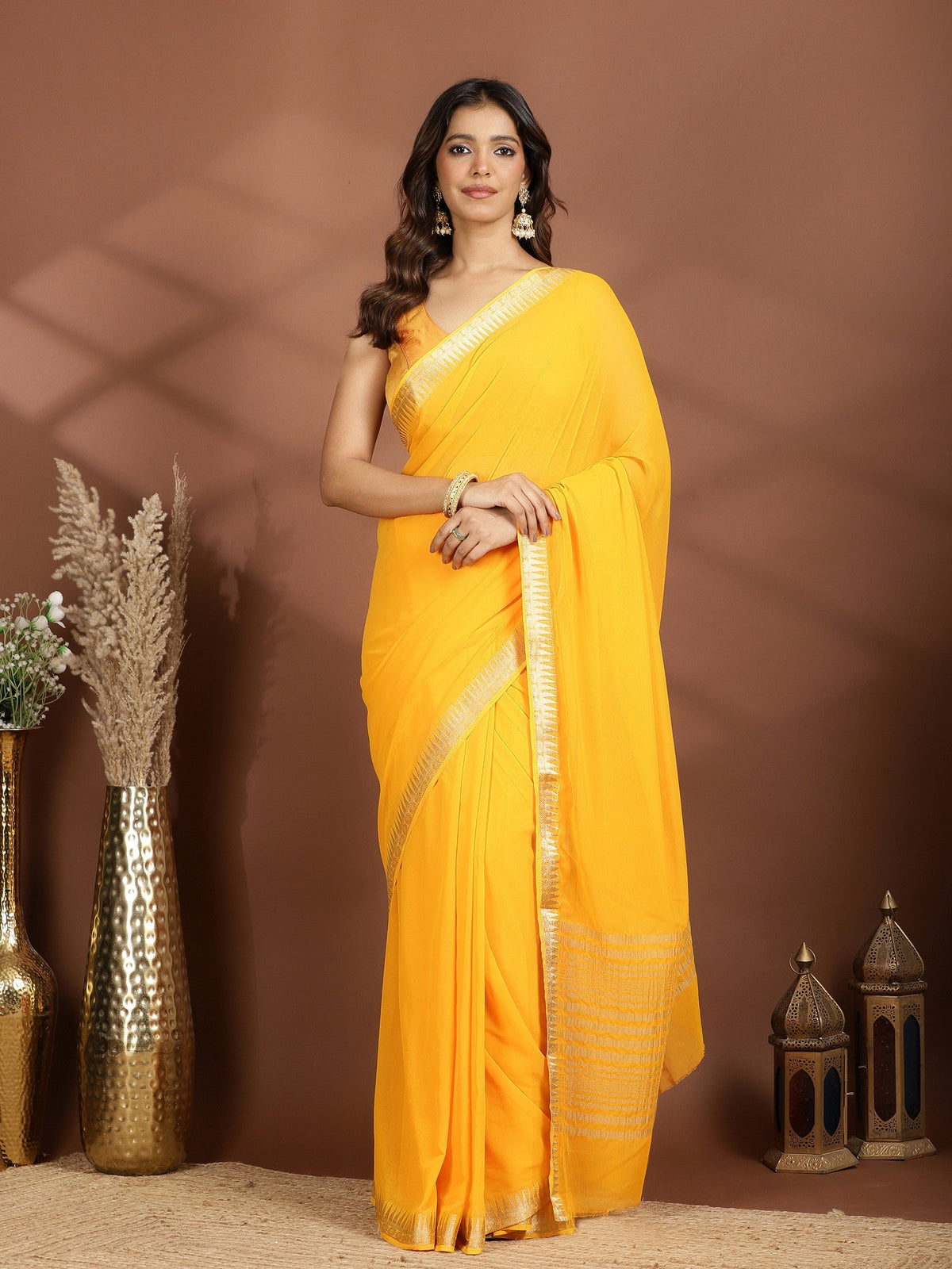 Mustard Zari Work Chiffon Saree
