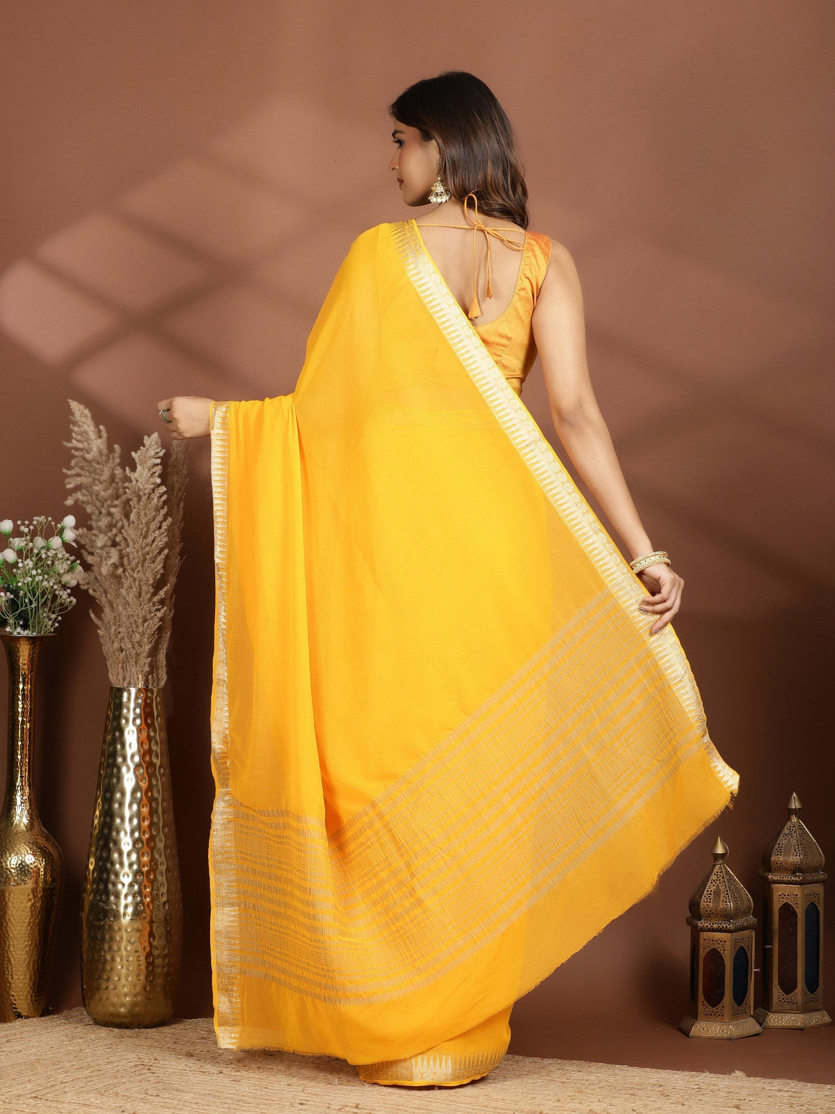 Mustard Zari Work Chiffon Saree
