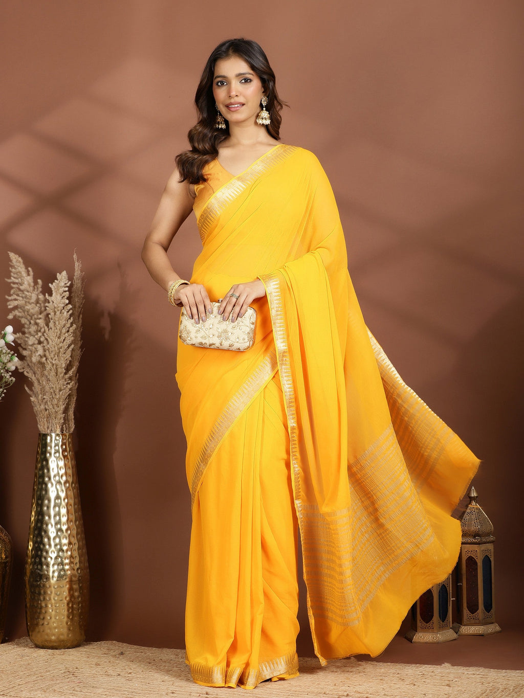 Mustard Zari Work Chiffon Saree