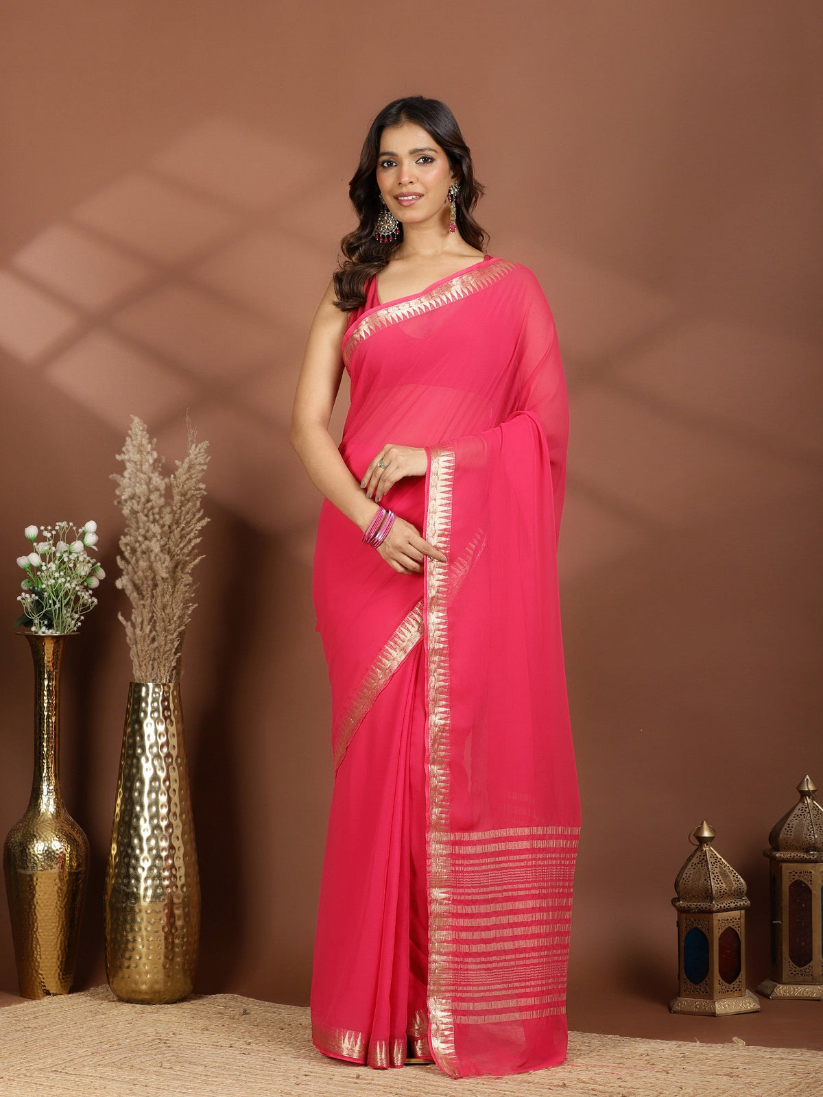 Rani Zari Work Chiffon Saree