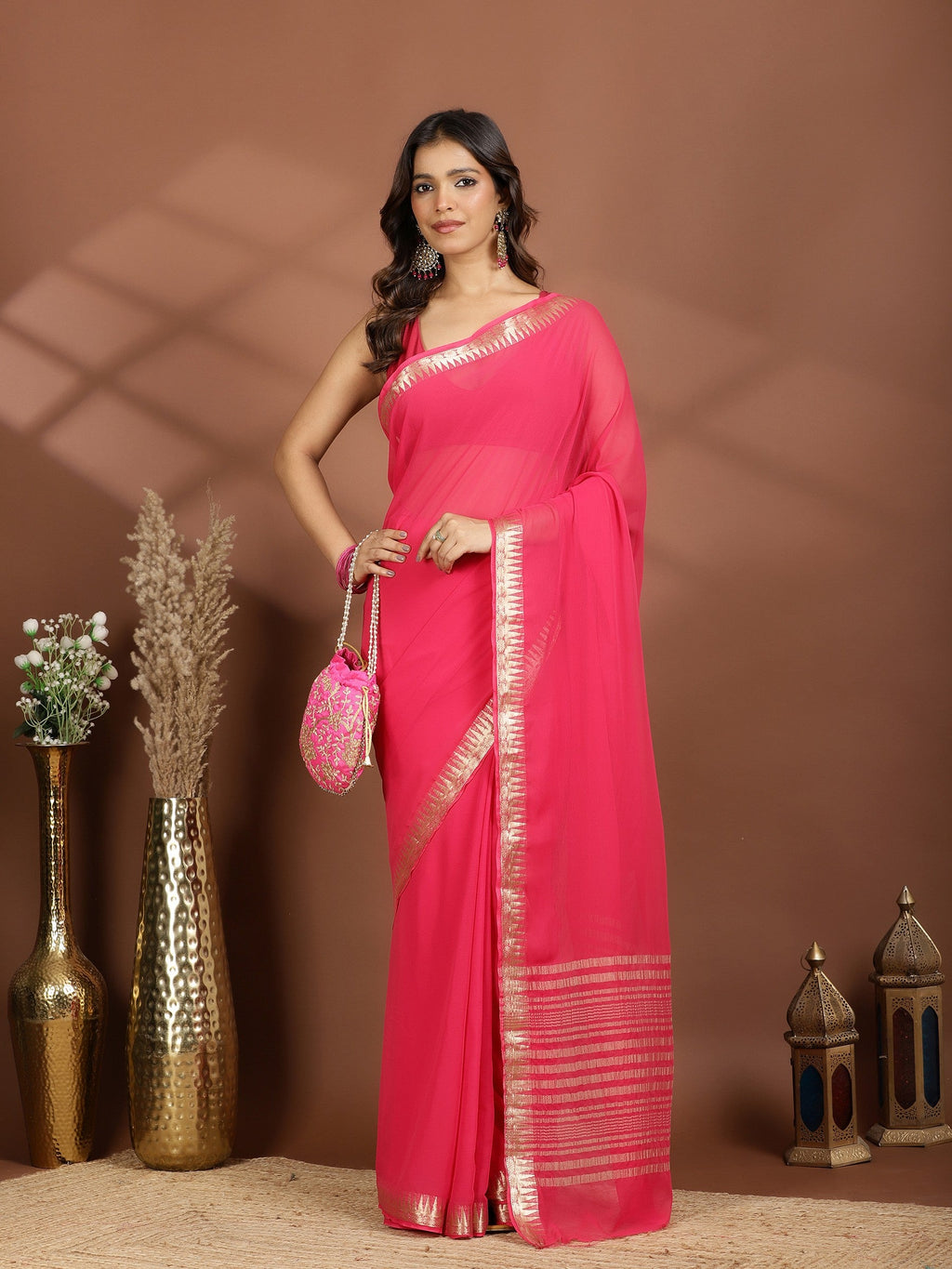 Rani Zari Work Chiffon Saree