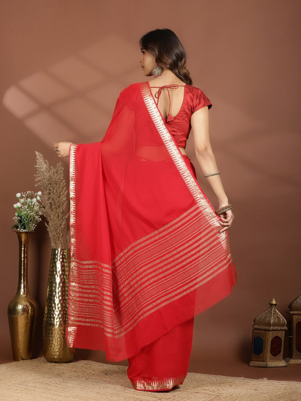 Red Zari Work Chiffon Saree