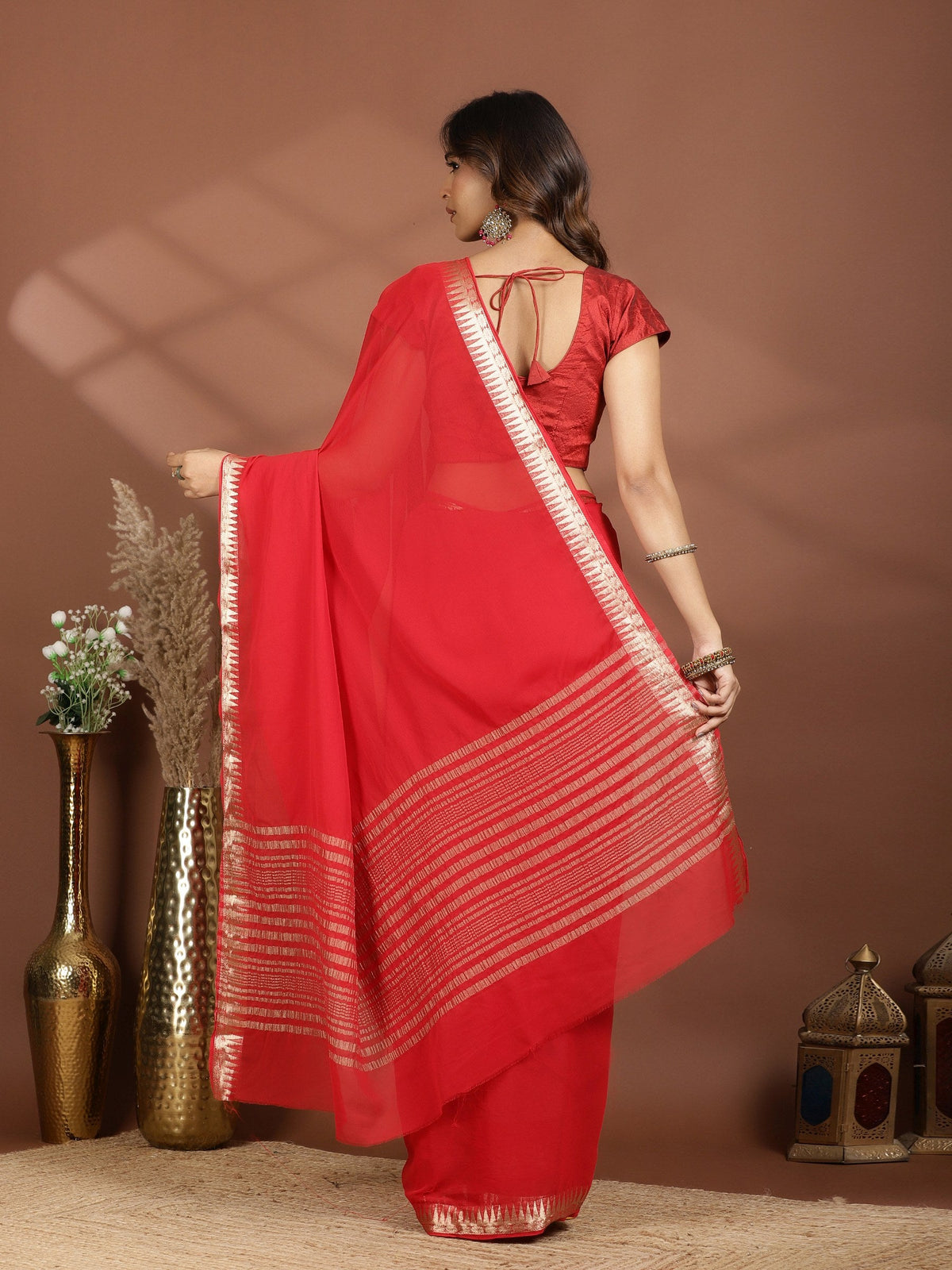 Red Zari Work Chiffon Saree
