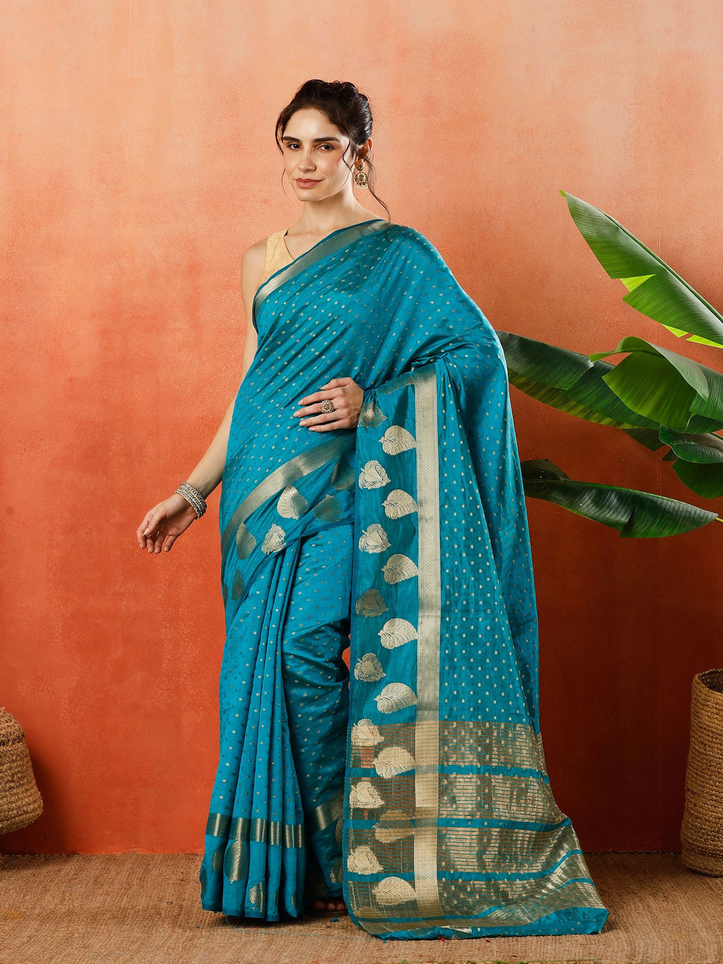 Firozee Zari Booti Art Silk Saree