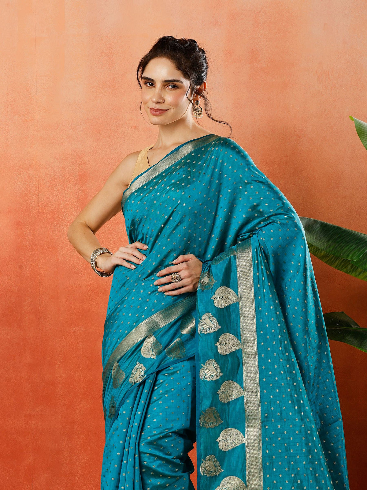 Firozee Zari Booti Art Silk Saree