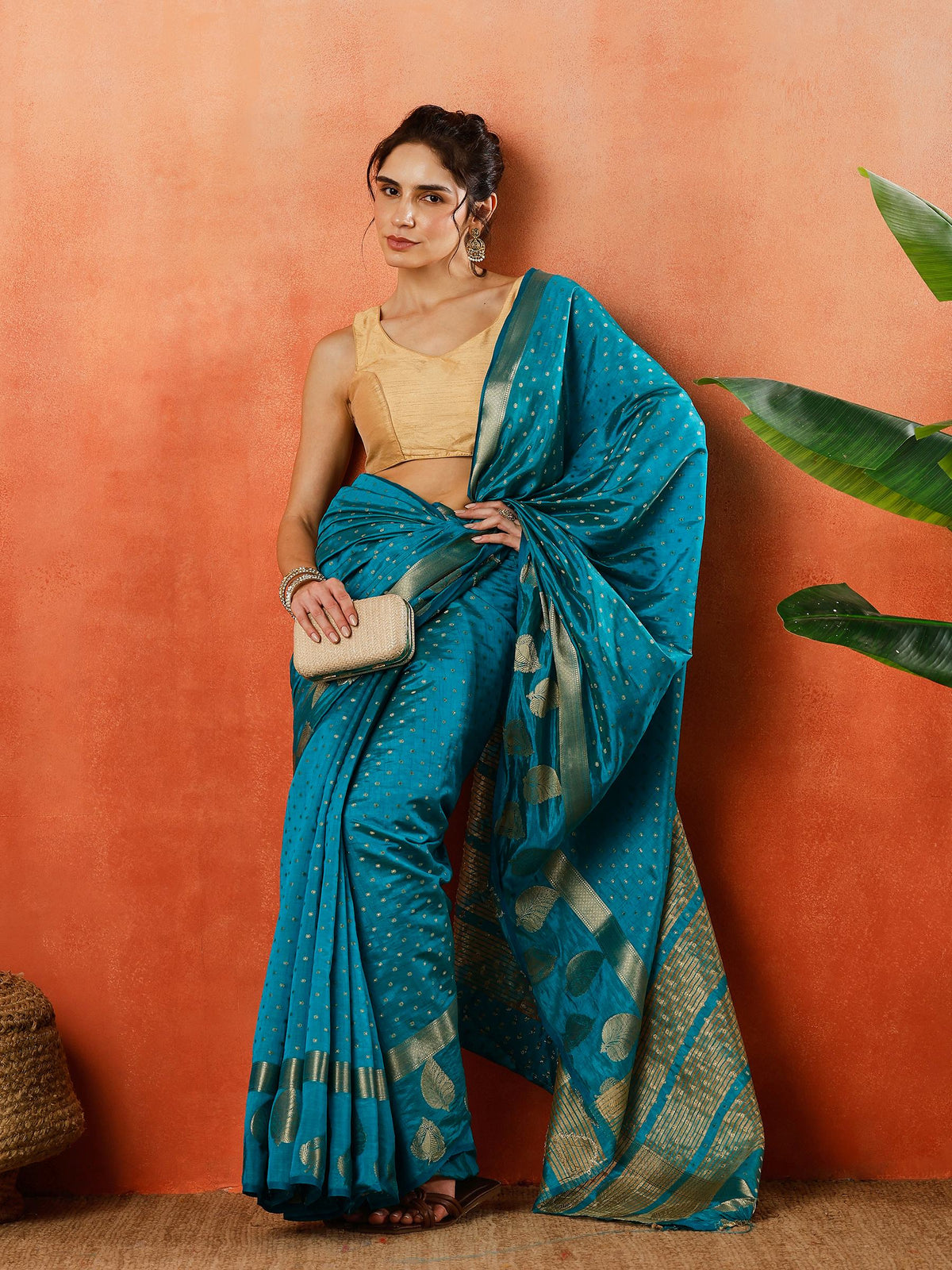 Firozee Zari Booti Art Silk Saree
