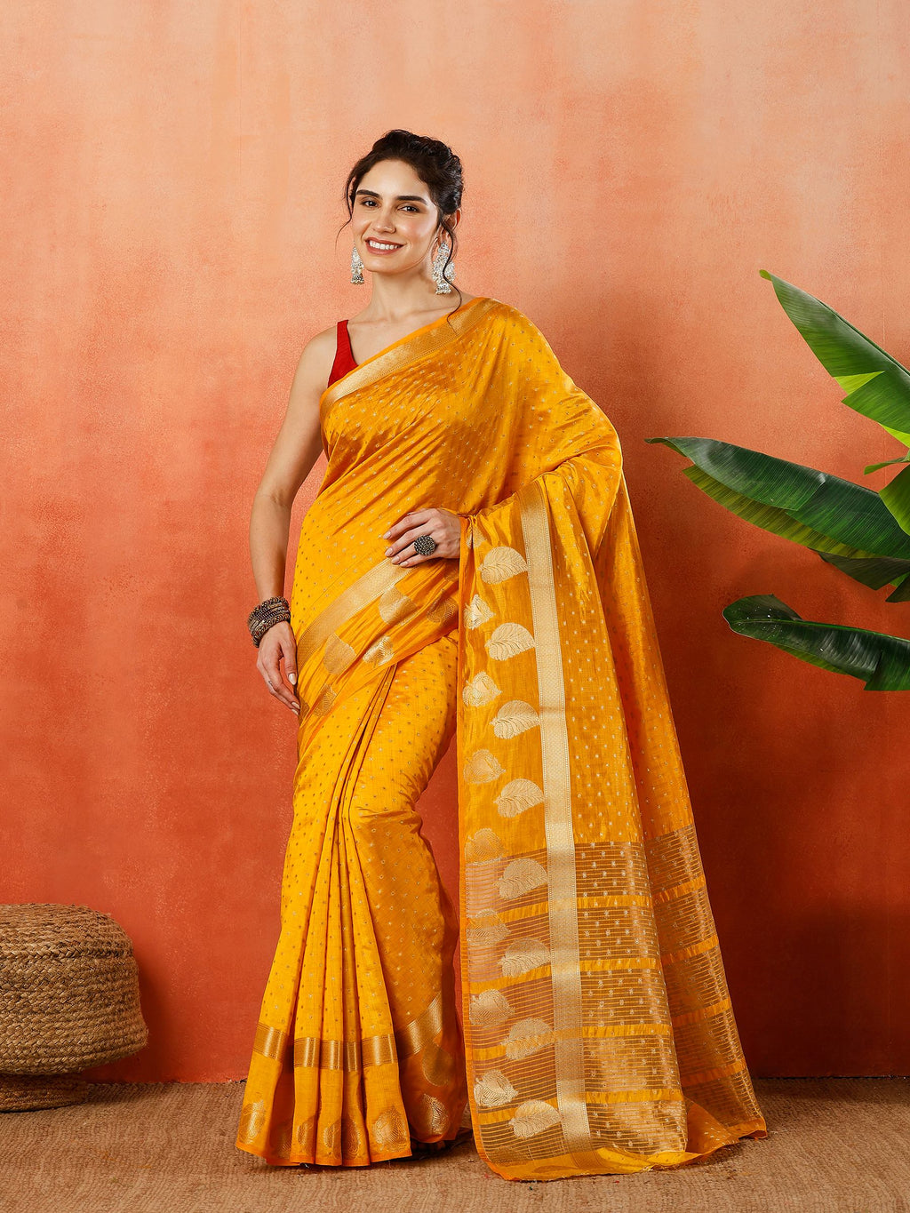 Mustard Zari Booti Art Silk Saree