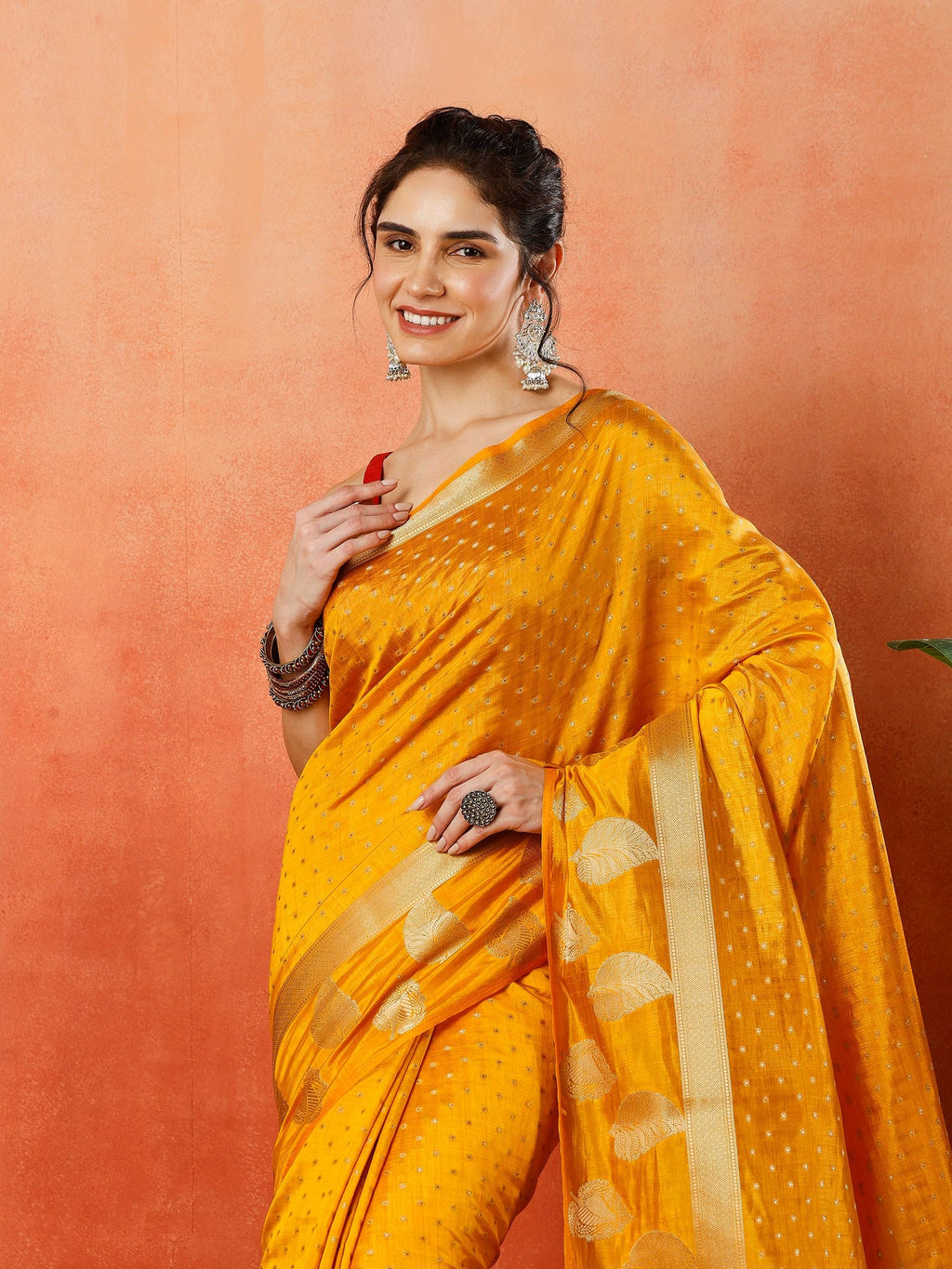 Mustard Zari Booti Art Silk Saree