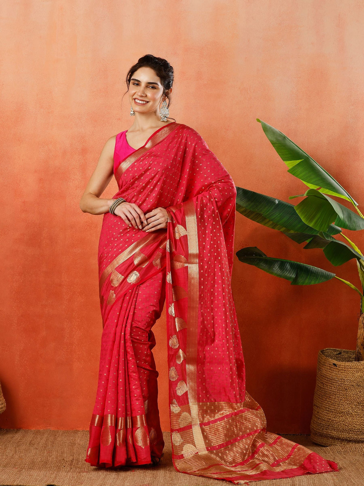 Pink Zari Booti Art Silk Saree