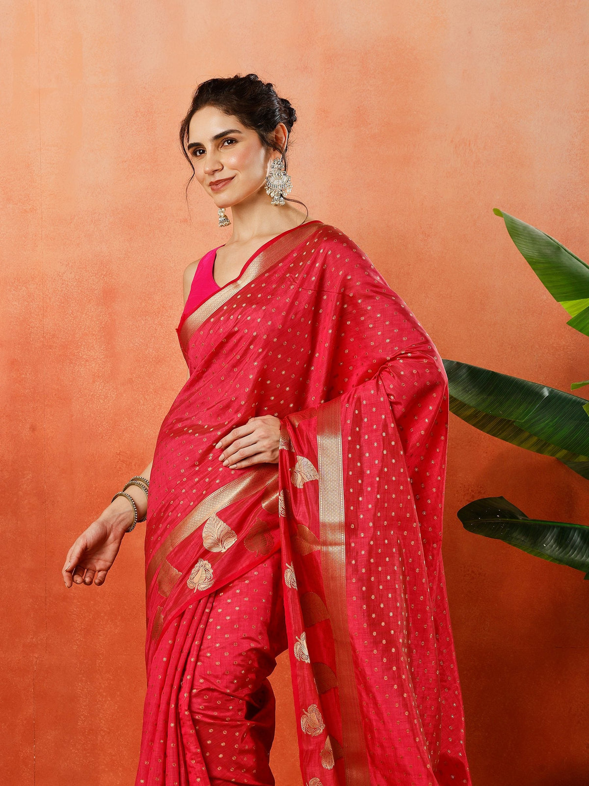 Pink Zari Booti Art Silk Saree