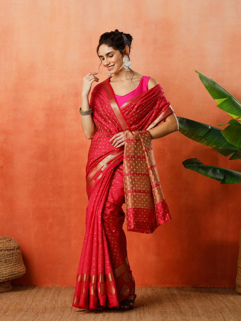 Pink Zari Booti Art Silk Saree