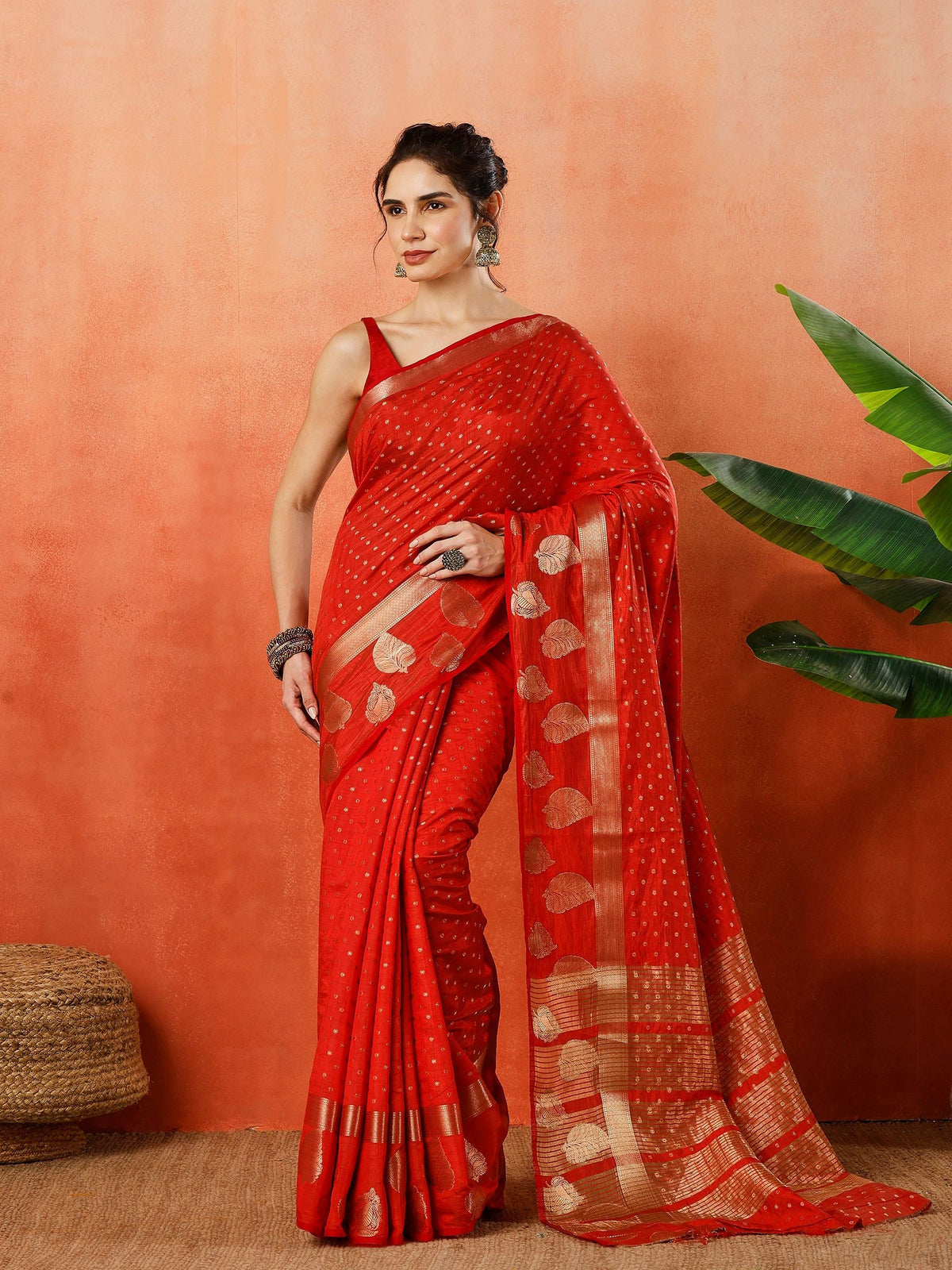 Red Zari Booti Art Silk Saree