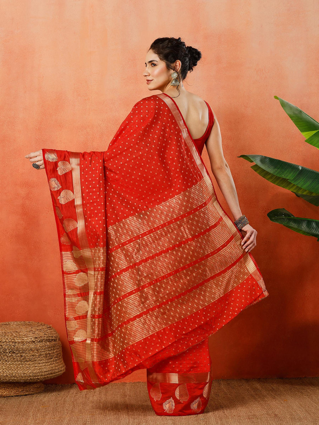 Red Zari Booti Art Silk Saree