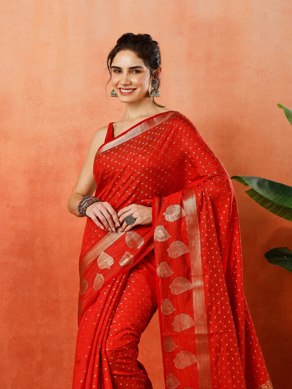 Red Zari Booti Art Silk Saree