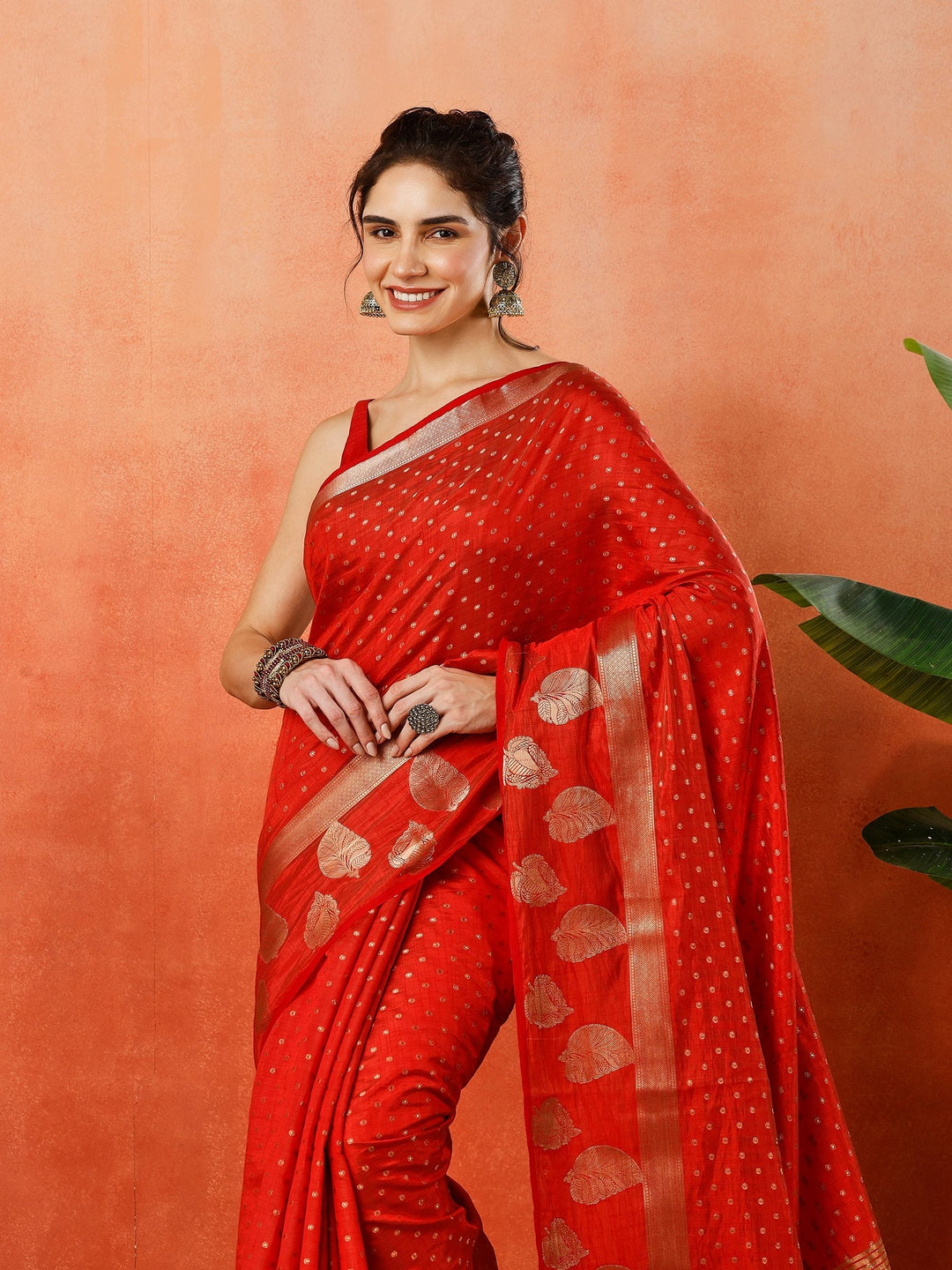 Red Zari Booti Art Silk Saree