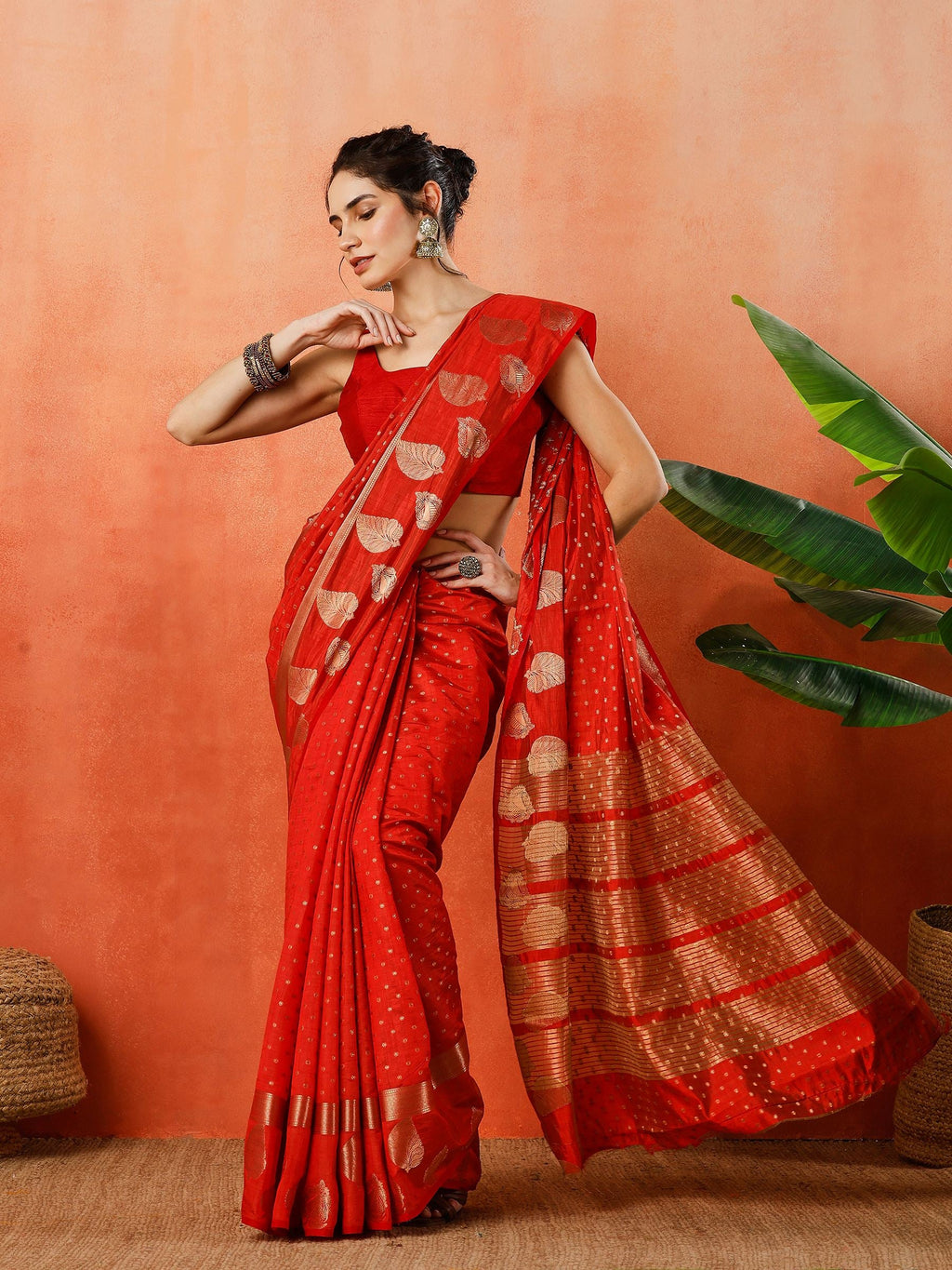 Red Zari Booti Art Silk Saree