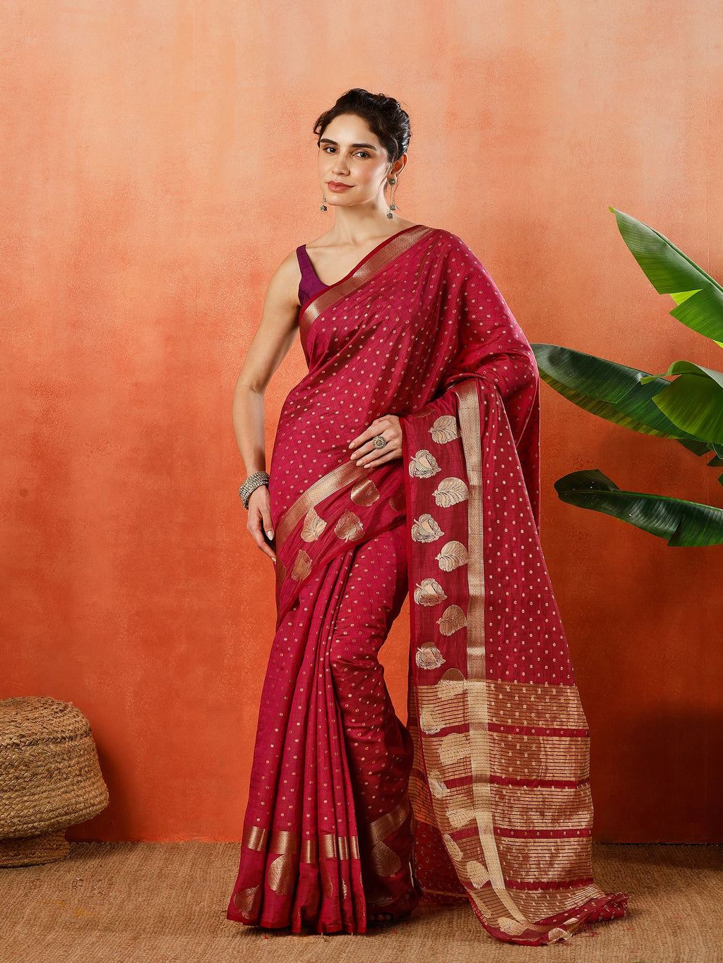 Wine Zari Booti Art Silk Saree