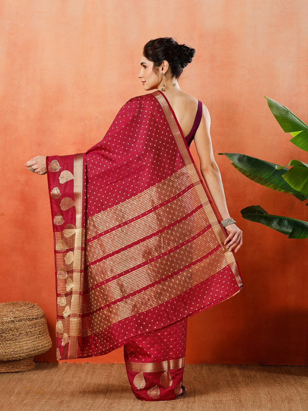Wine Zari Booti Art Silk Saree