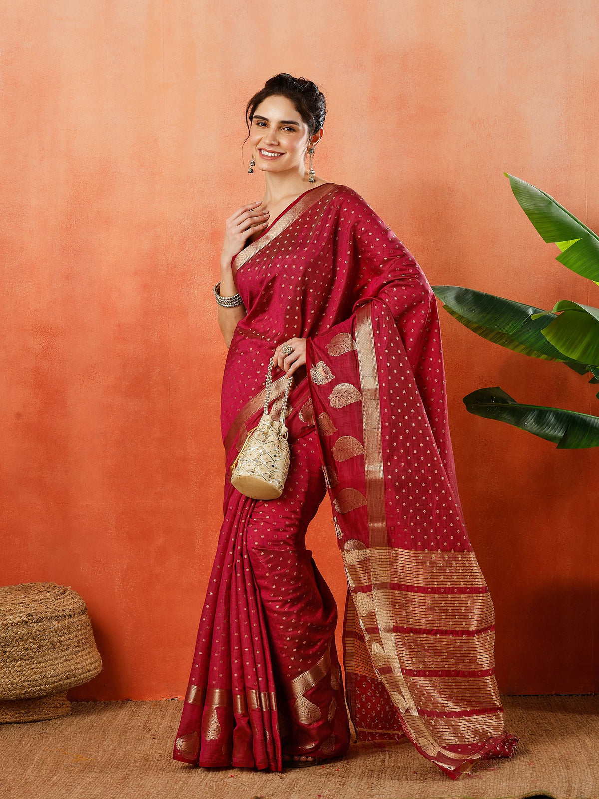Wine Zari Booti Art Silk Saree