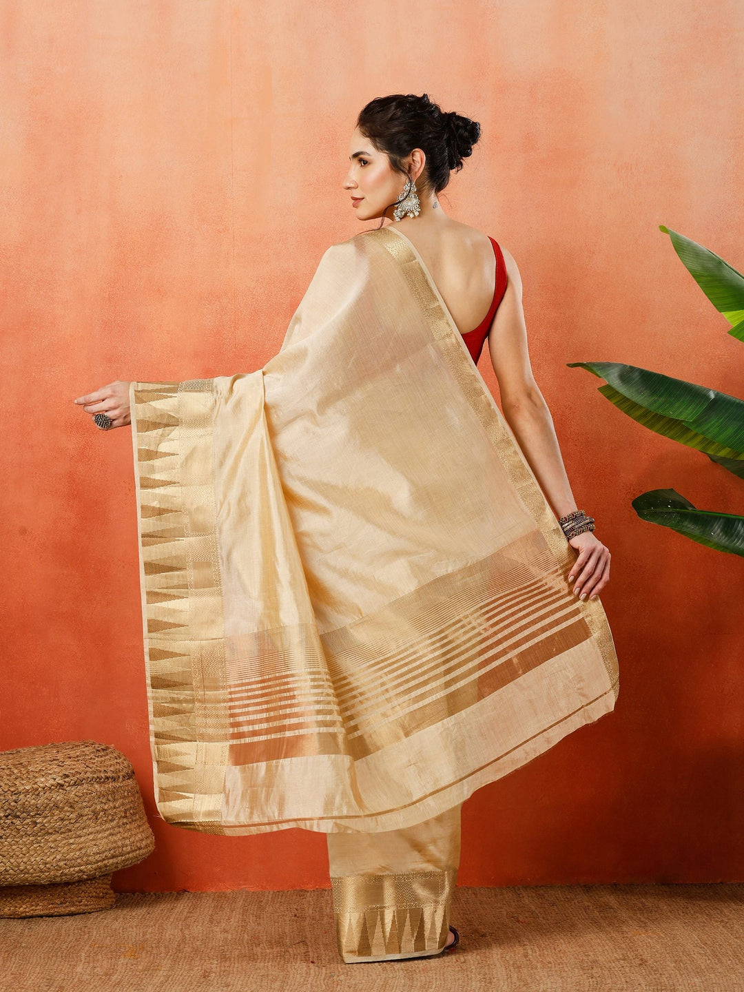 Beige Zari Work Art Silk Saree