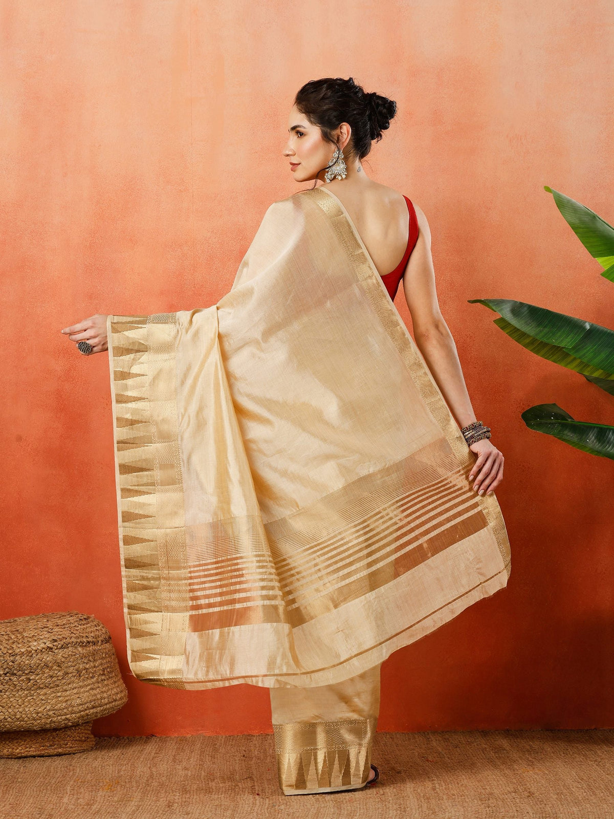 Beige Zari Work Art Silk Saree