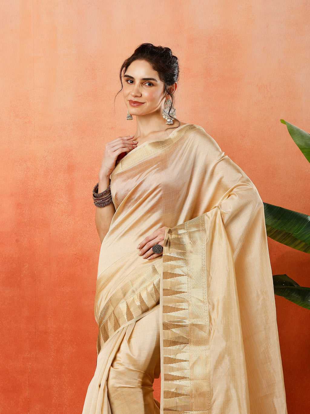 Beige Zari Work Art Silk Saree