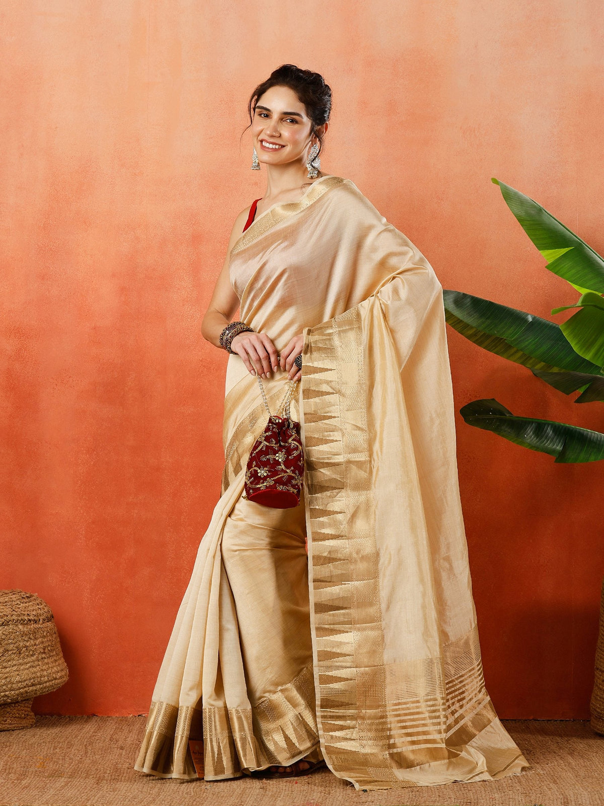Beige Zari Work Art Silk Saree