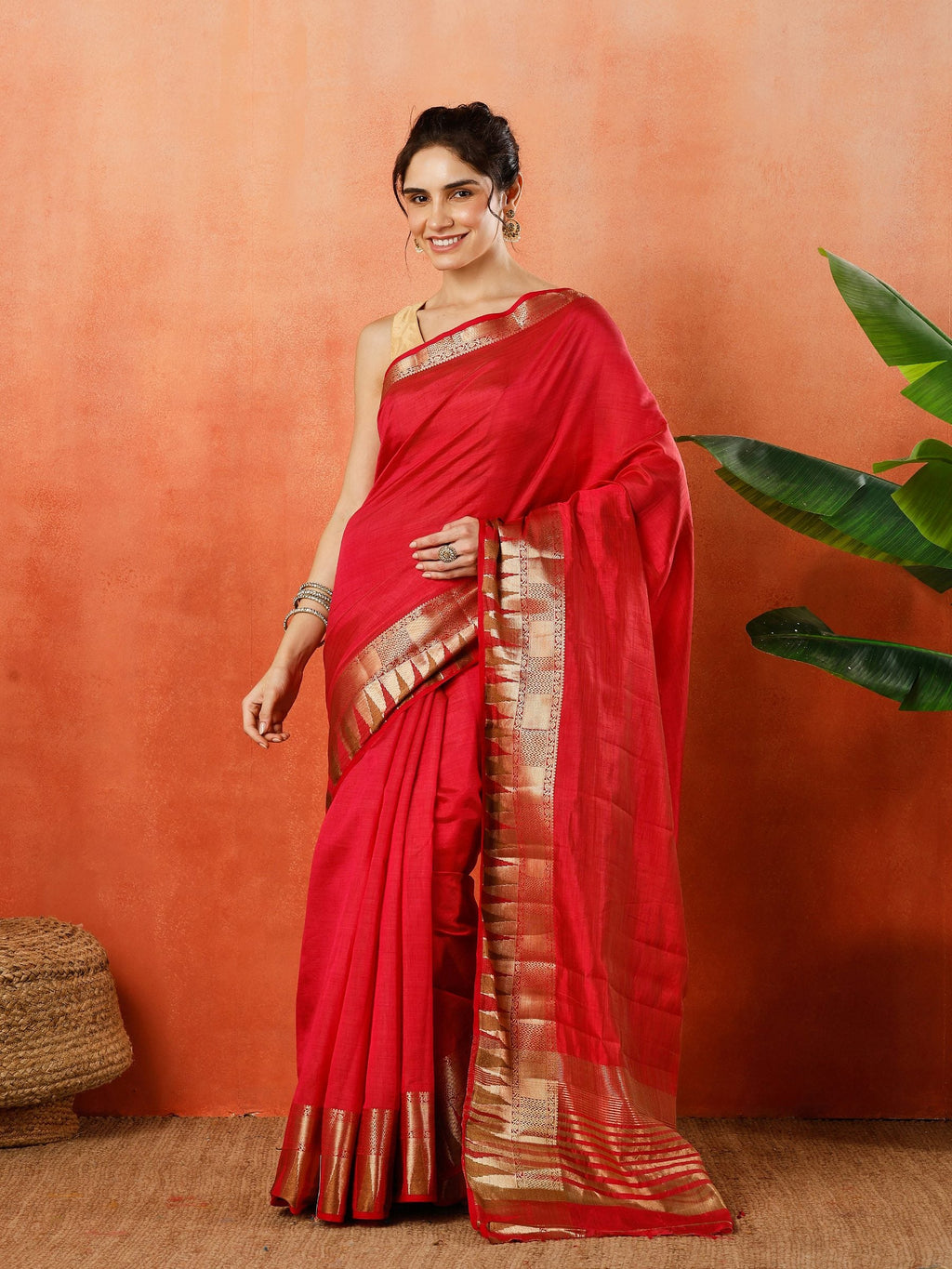 Hot Pink Zari Work Art Silk Saree