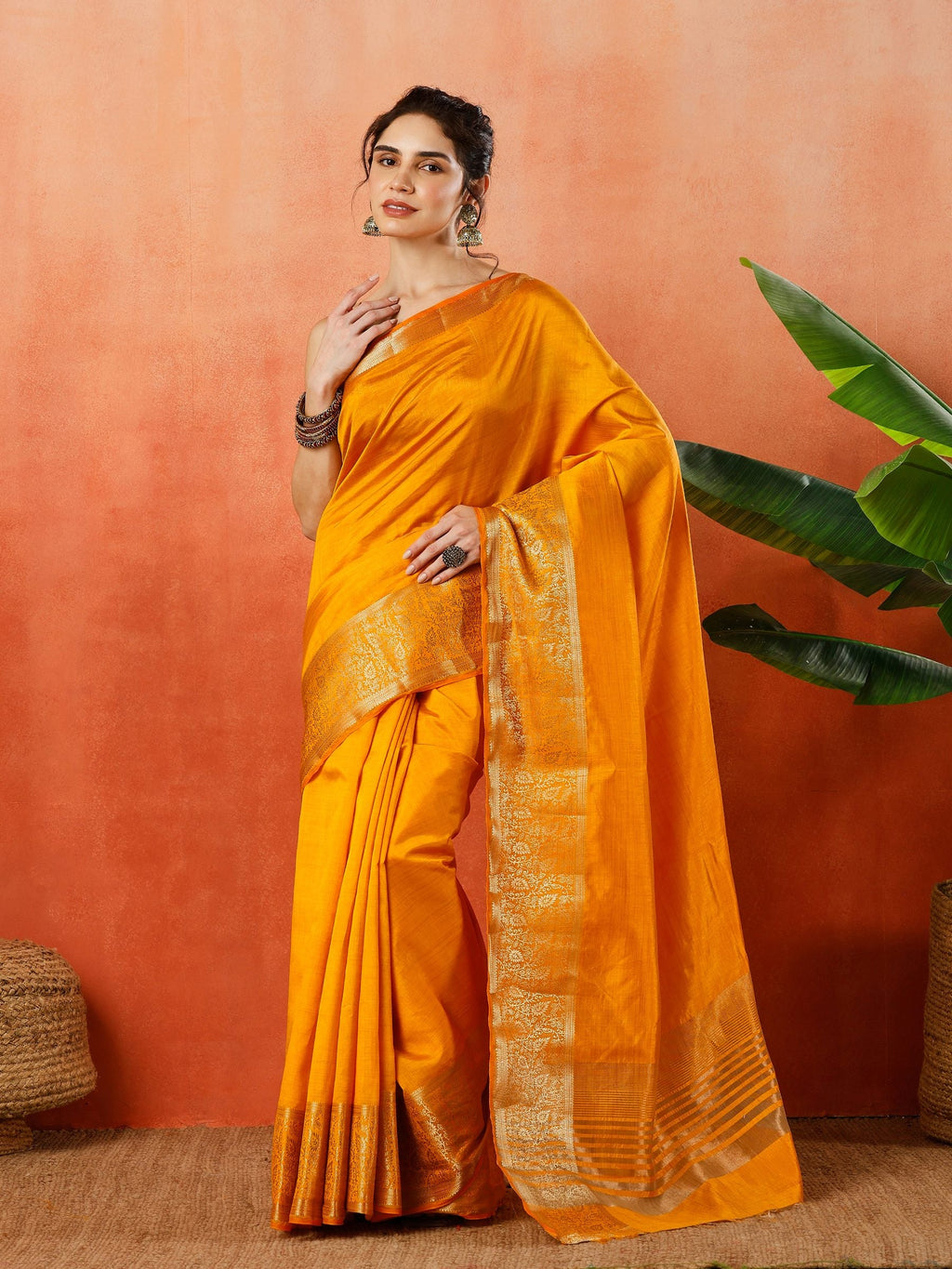 Mustard Zari Work Art Silk Saree