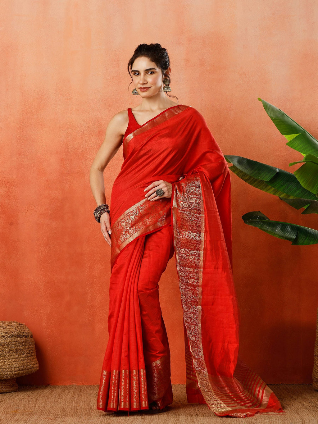 Rust Zari Work Art Silk Saree