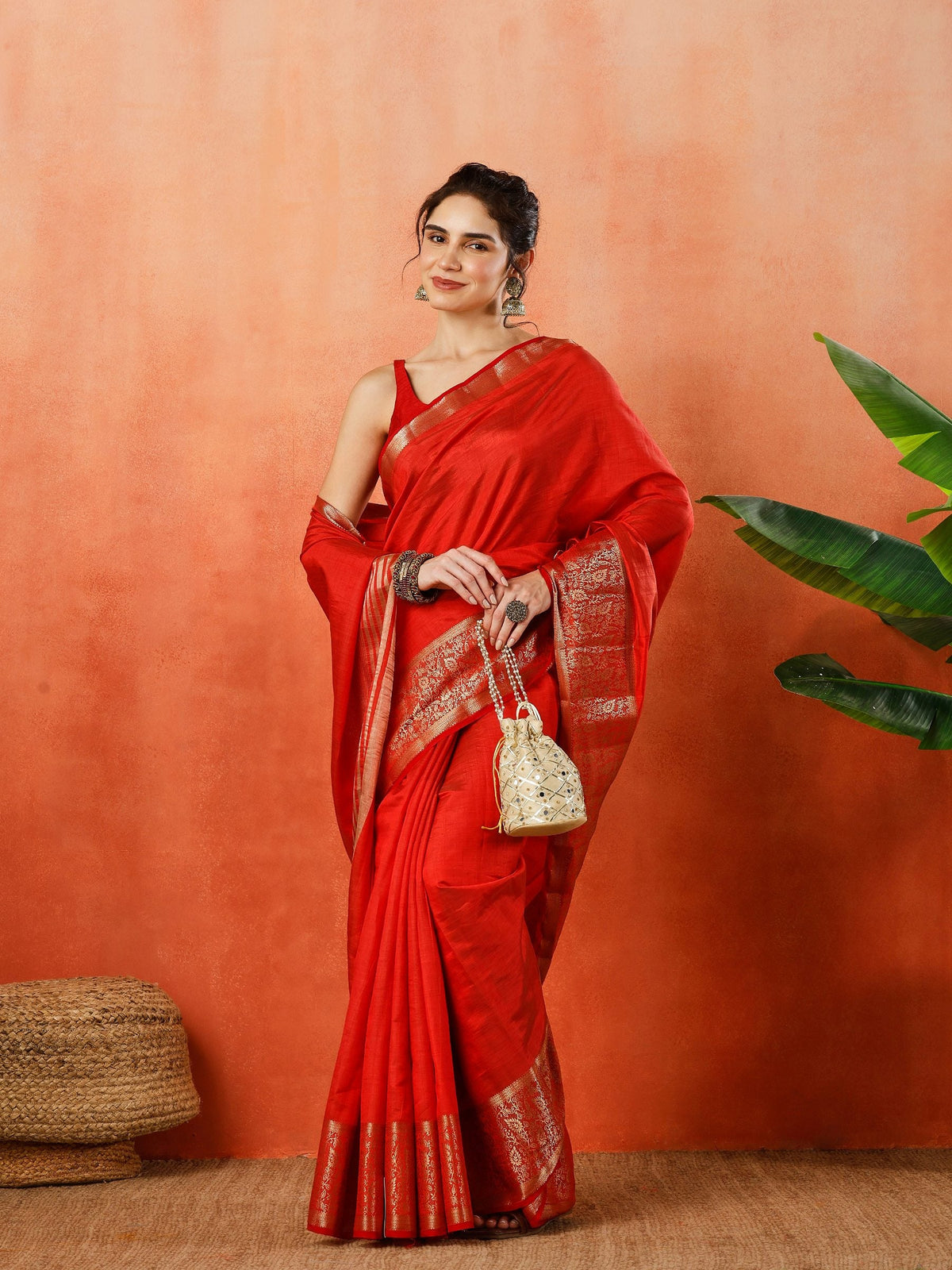 Rust Zari Work Art Silk Saree