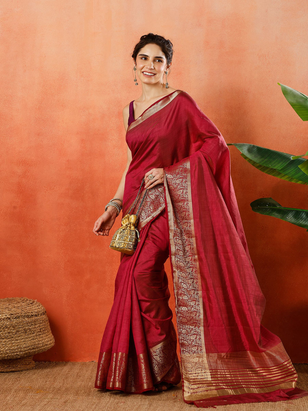 Wine Zari Work Art Silk Saree