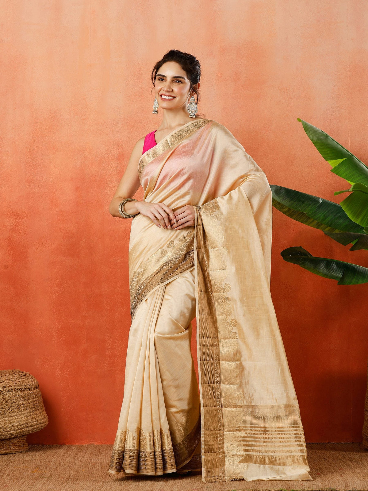 Beige Zari Work Art Silk Saree